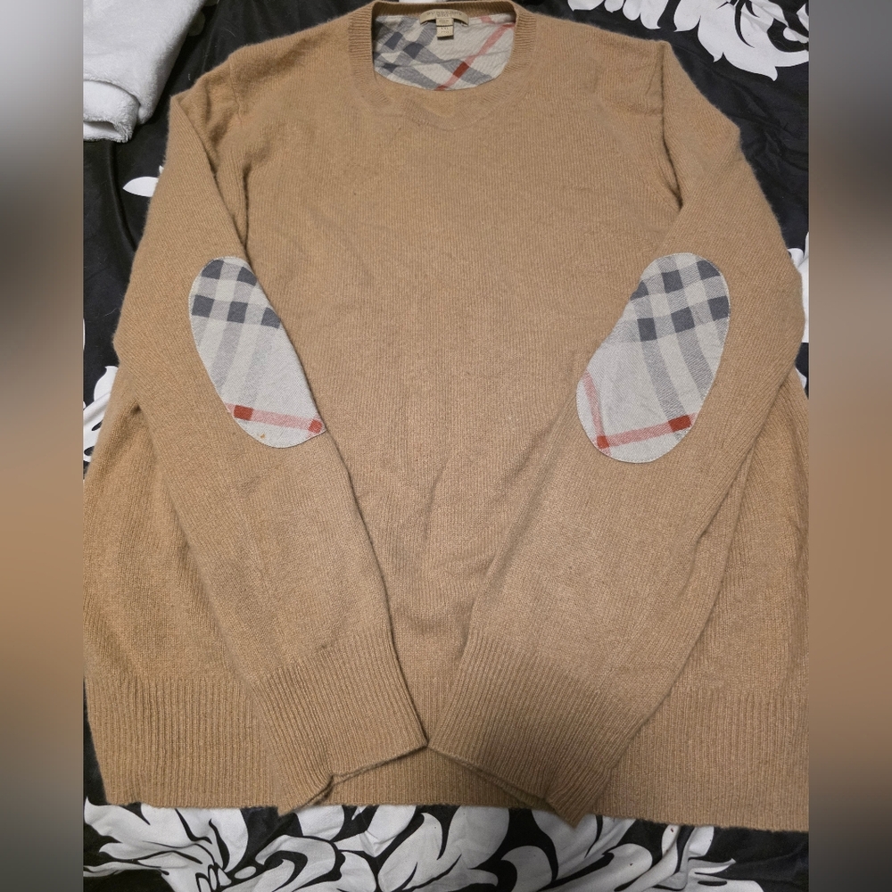 Burberry Tan Crewneck Sweater with Check Elbow Patches